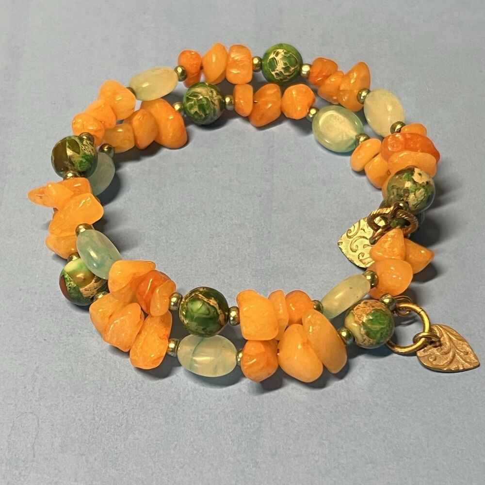 Beaded Wrap Bracelet Green Aventurine And Orange Chip Fits To 7.5" Handmade